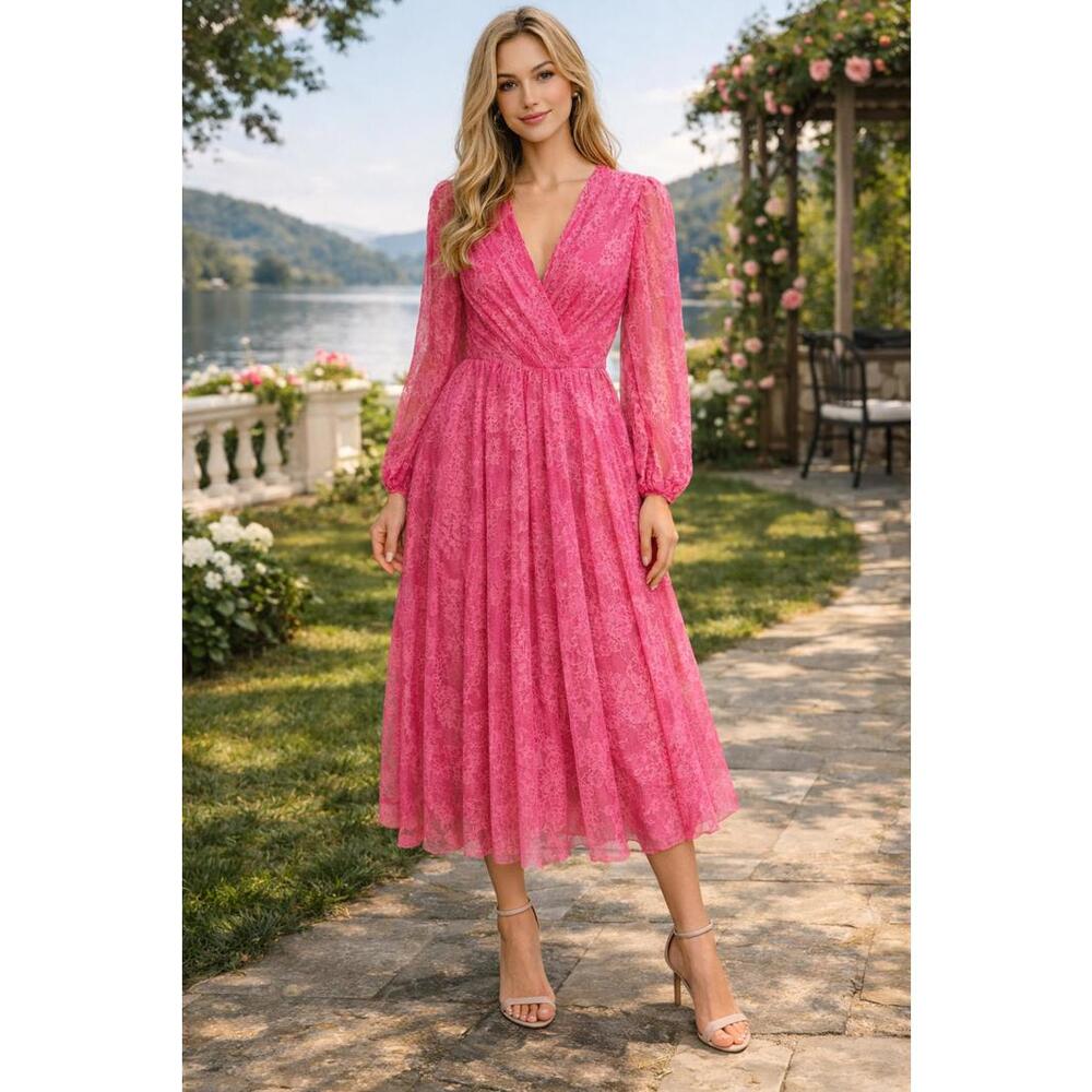 Badgley Mischka Hot Pink Floral Lace Midi Dress Size 4  Long Sleeve Modest $650
